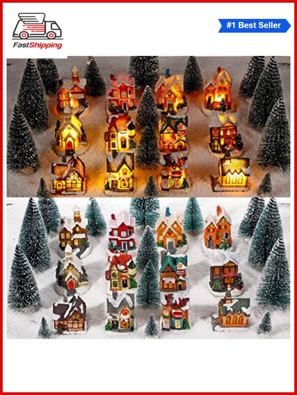🎅 24 Pc Christmas Village Houses & Mini Trees LED Lights Town Set